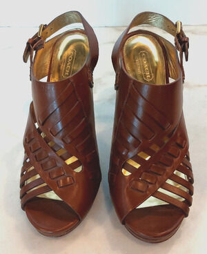 Coach 9.5B Brown Strappy Woven Open Toe Buckle High Heel Shoes EUC